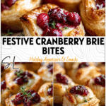 Golden puff pastry Brie Bites filled with melted brie cheese and cranberry sauce, styled as holiday appetizers. 26